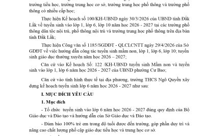 KẾ HOẠCH TUYỂN SINH LỚP 6 NĂM HỌC 2026-2027
